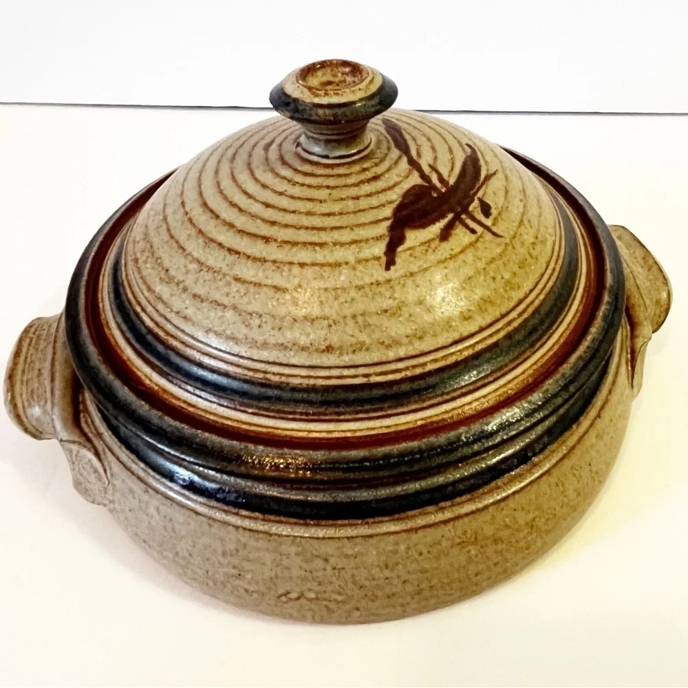 Studio Art Pottery Casserole Dish Lidded Stoneware Handles Handcrafted Signed
